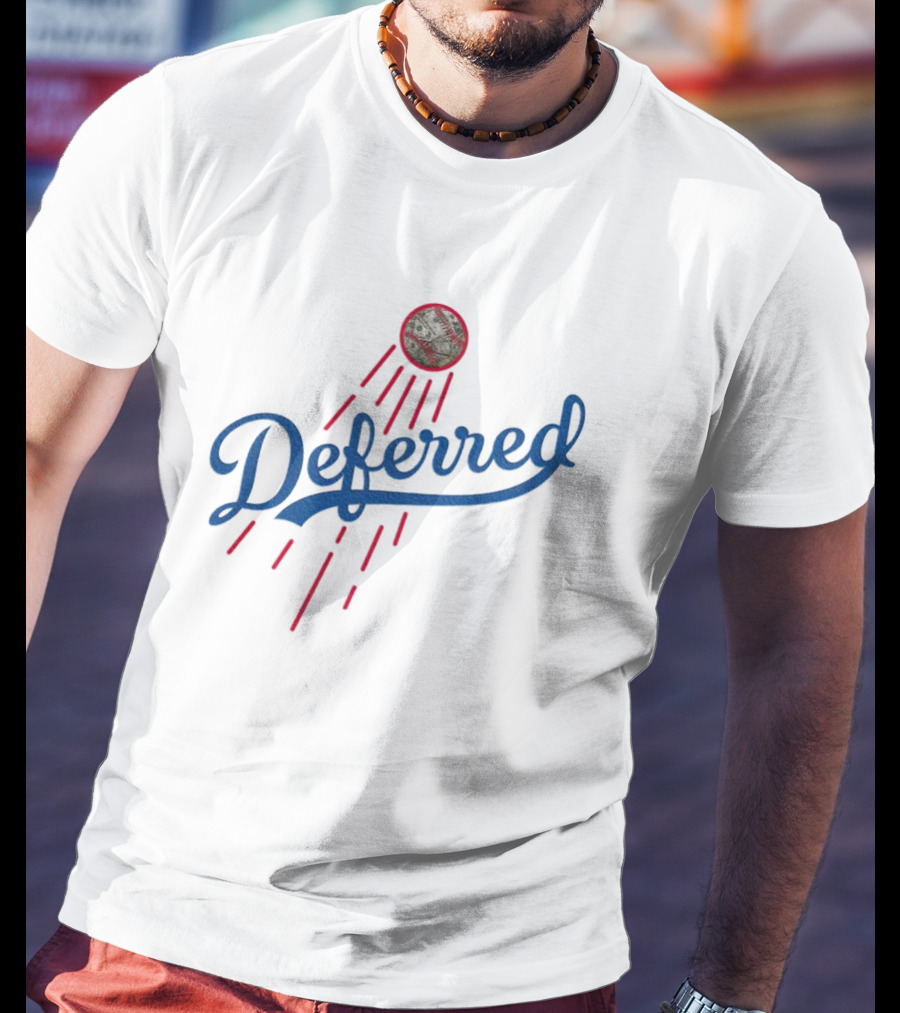 Los Angeles Dodgers Deferred Blue Script With Baseball And Red Streaks T-Shirt