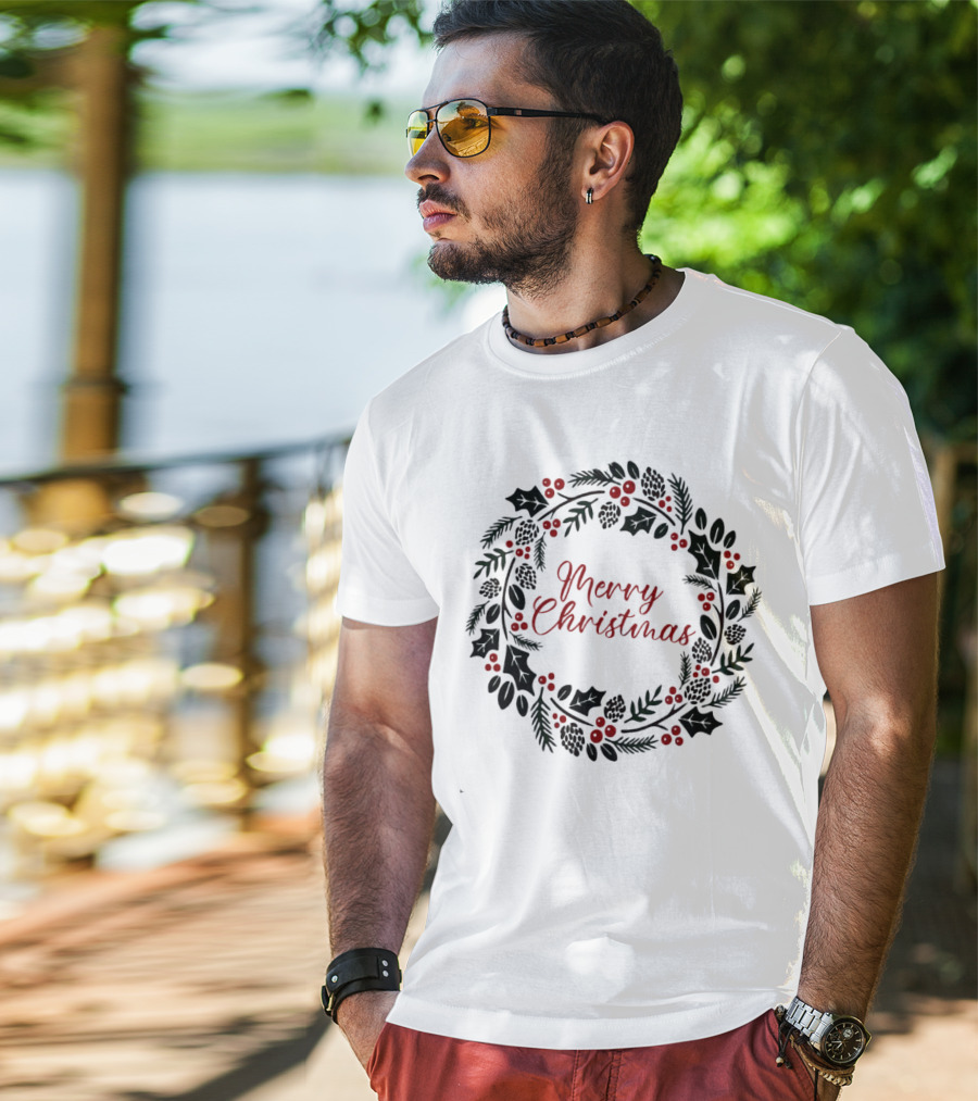 Merry Christmas Wreath With Pinecones And Holly T-Shirt