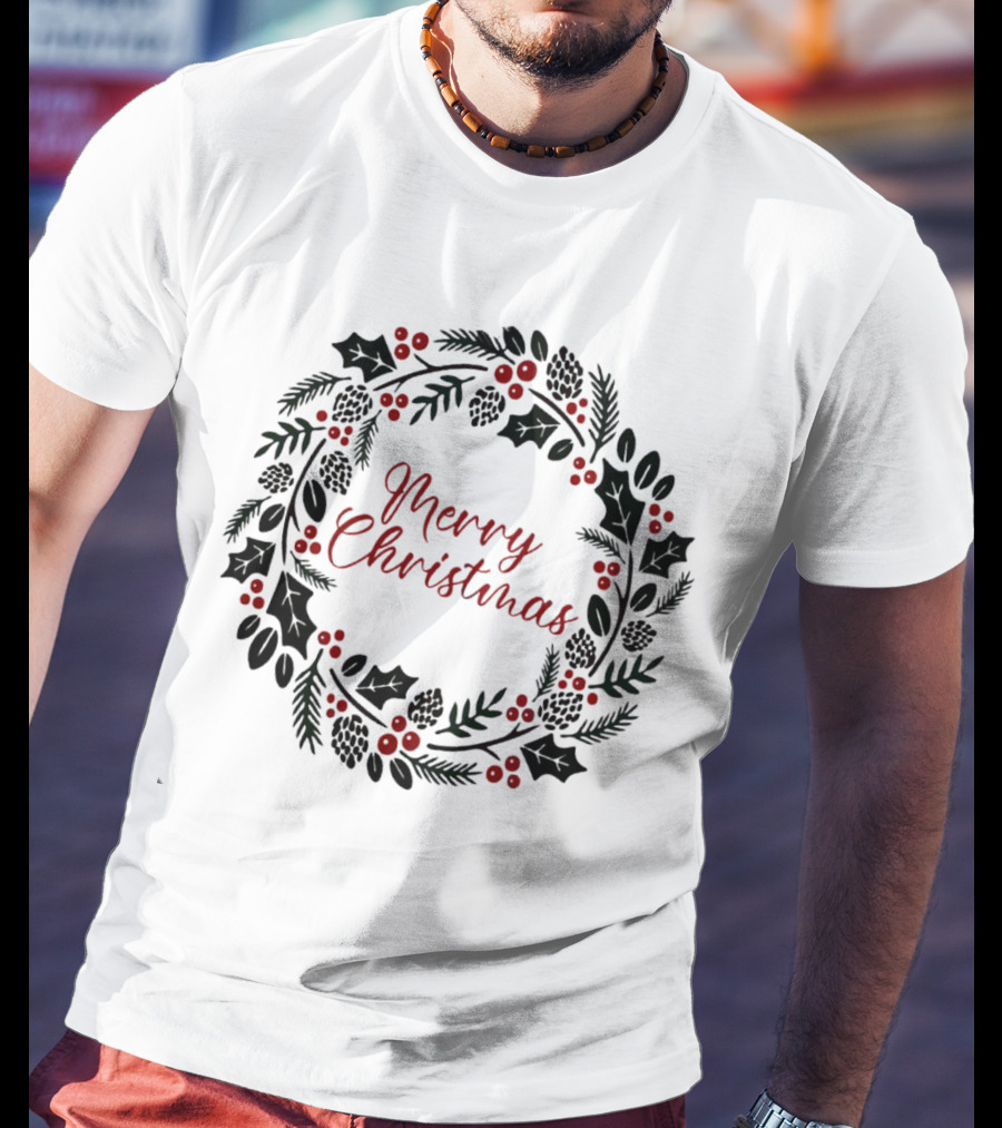 Merry Christmas Wreath With Pinecones And Holly T-Shirt