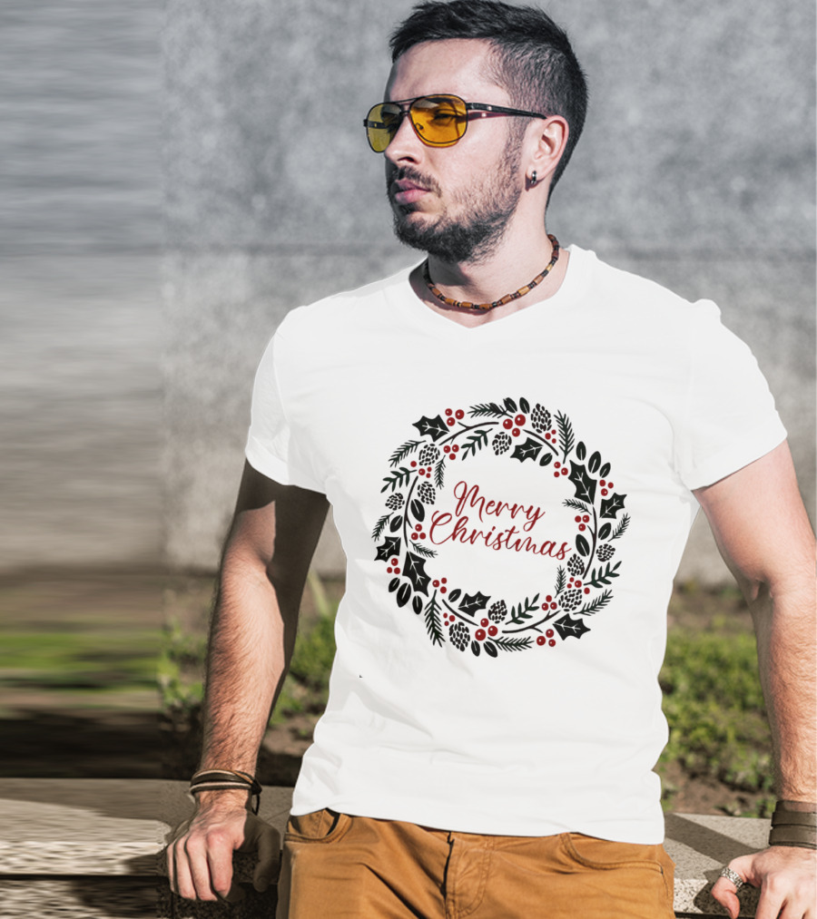 Merry Christmas Wreath With Pinecones And Holly T-Shirt