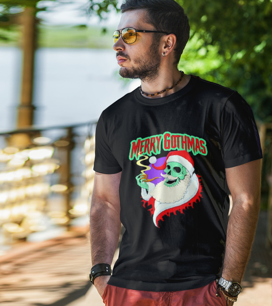Merry Gothmas Skull Santa Smoking Holiday Greeting T-Shirt