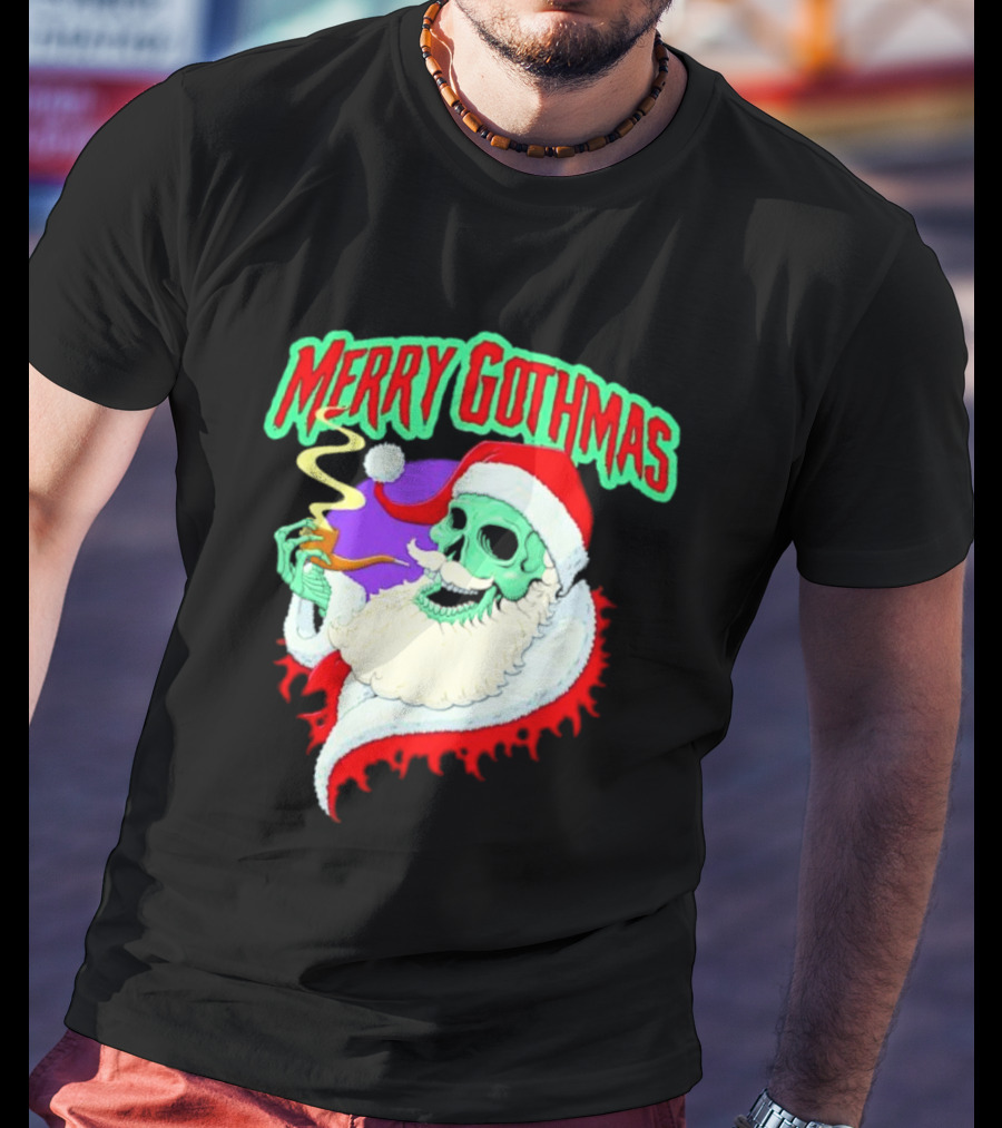 Merry Gothmas Skull Santa Smoking Holiday Greeting T-Shirt