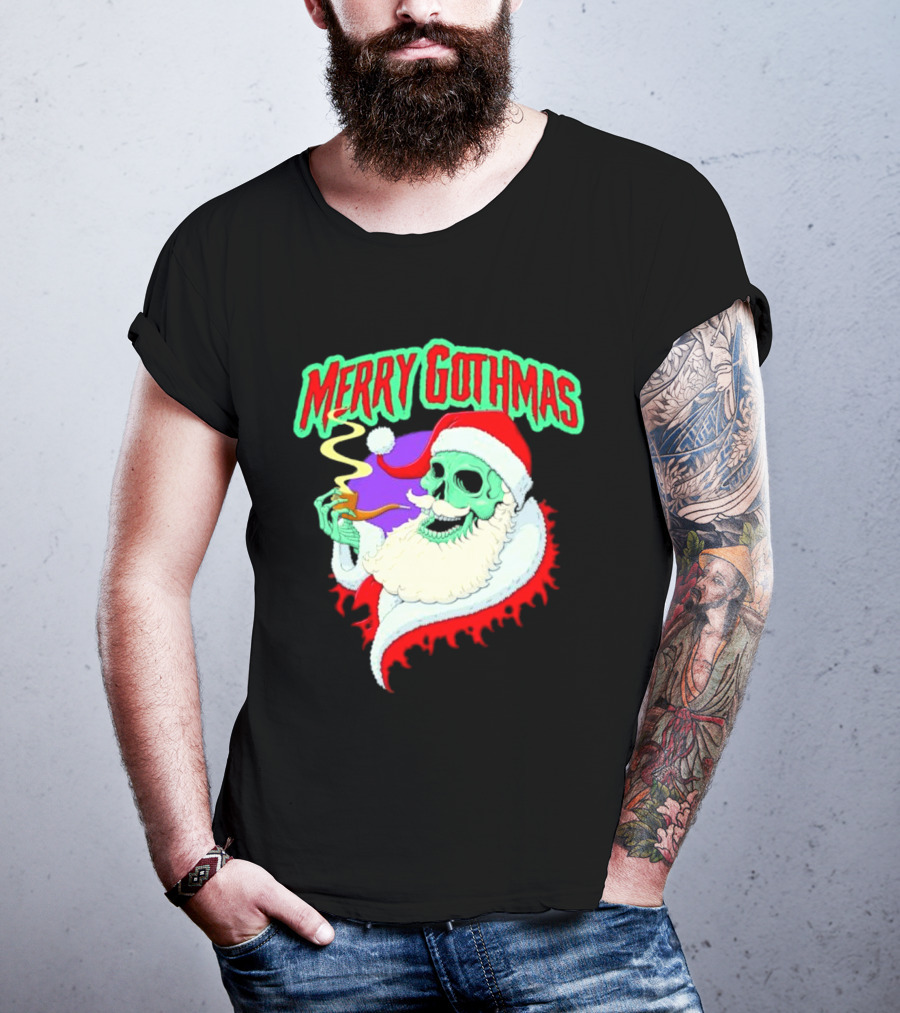 Merry Gothmas Skull Santa Smoking Holiday Greeting T-Shirt