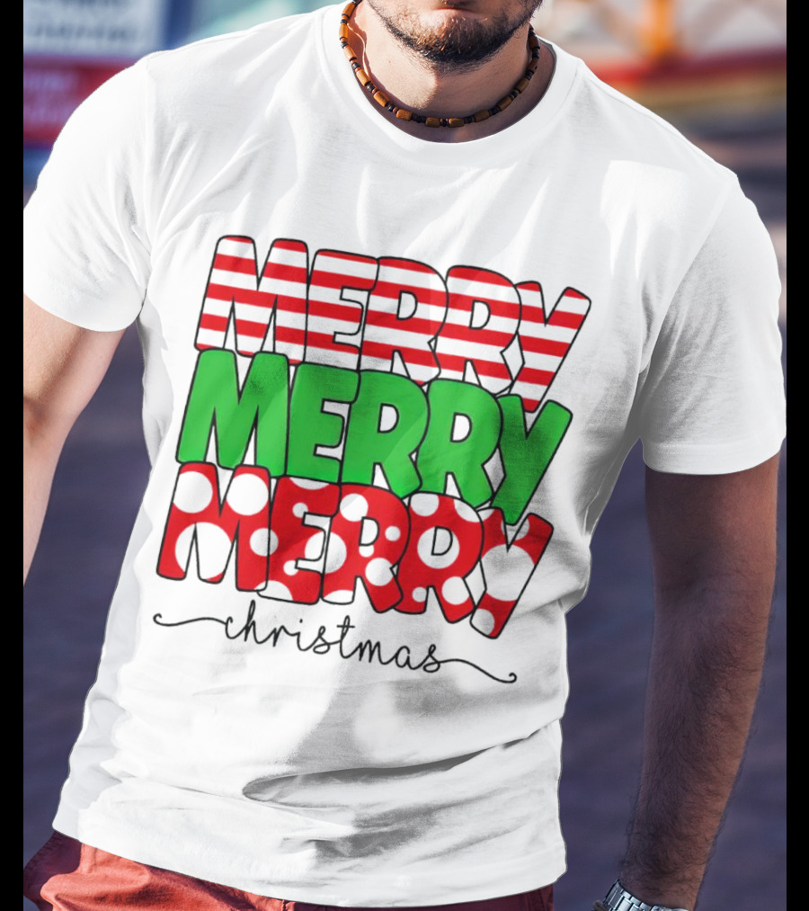 Merry Merry Merry Christmas Stripes And Polka Dots T-Shirt