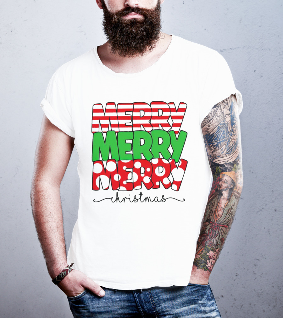 Merry Merry Merry Christmas Stripes And Polka Dots T-Shirt