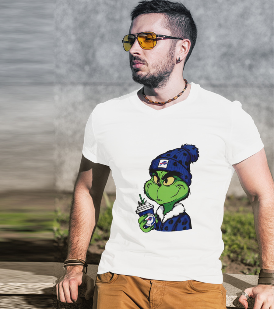 Grinch In Buffalo Bills Beanie Holding Logo Cup T-Shirt