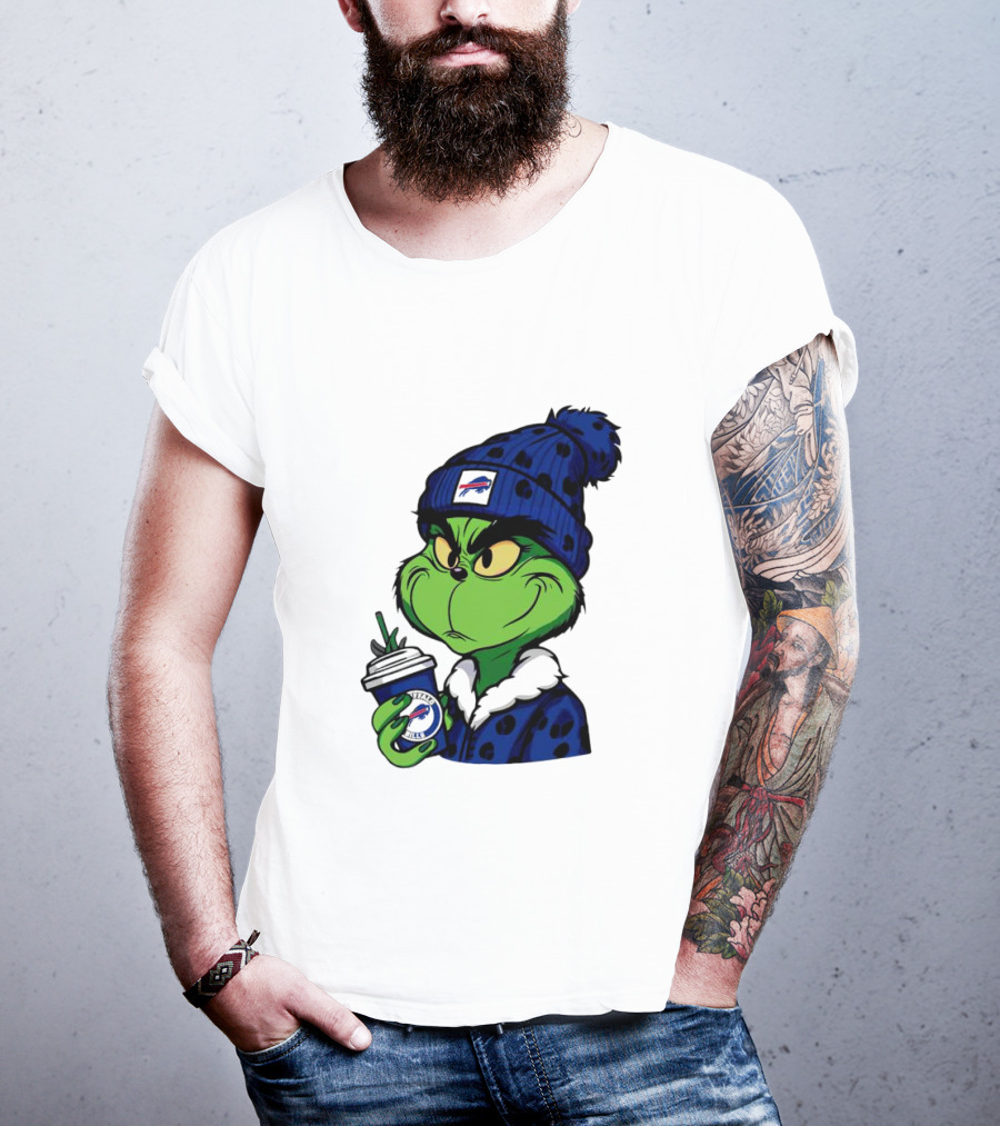 Grinch In Buffalo Bills Beanie Holding Logo Cup T-Shirt