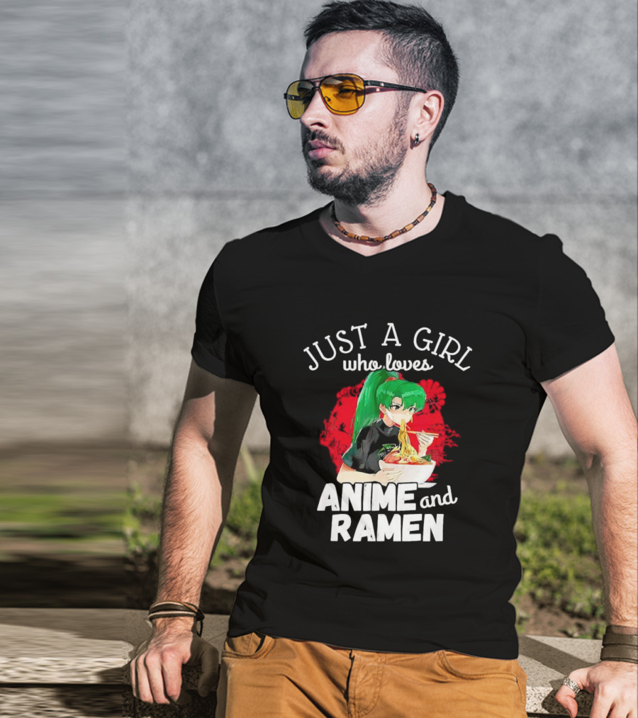 Just A Girl Who Loves Anime And Ramen Green-Haired Character Eating Noodles T-Shirt