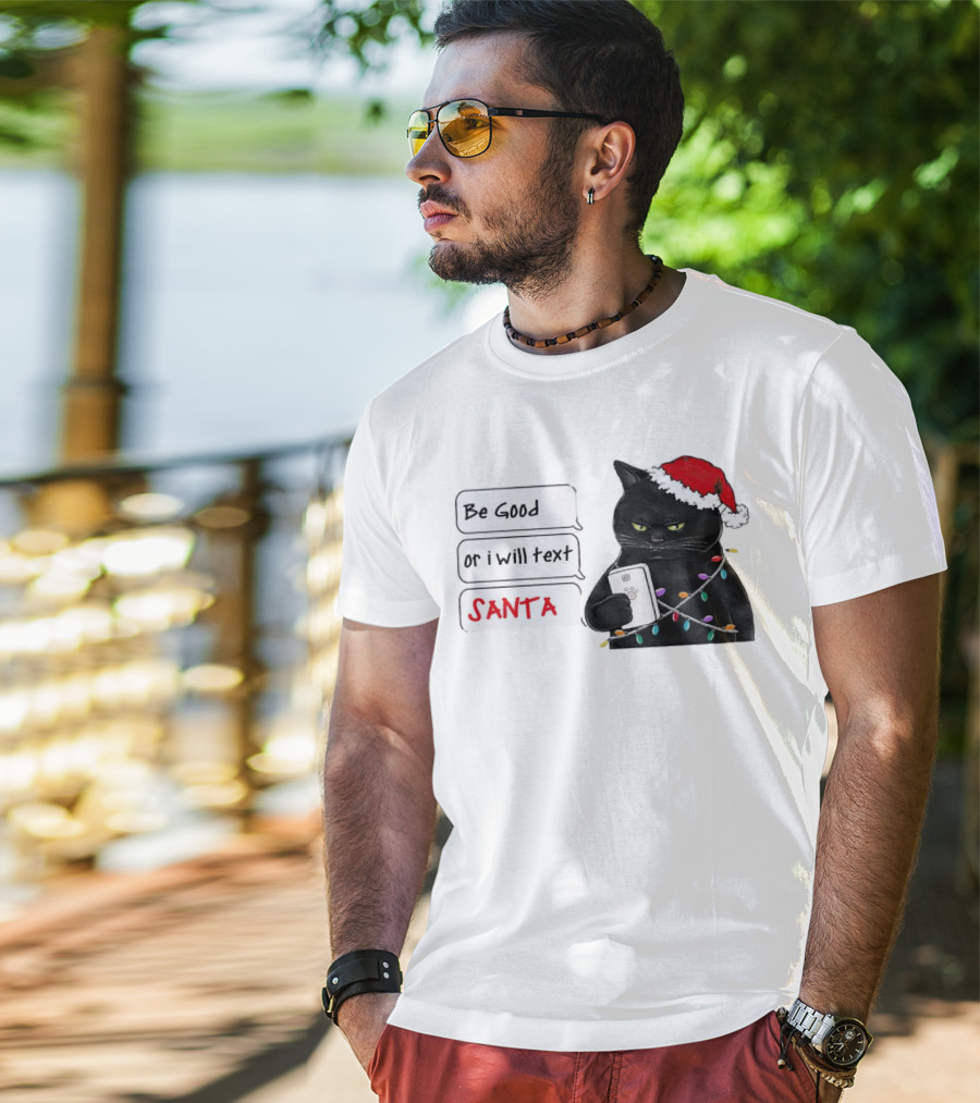 Black Cat Be Good Or I Will Text Santa Christmas Lights Hat T-Shirt