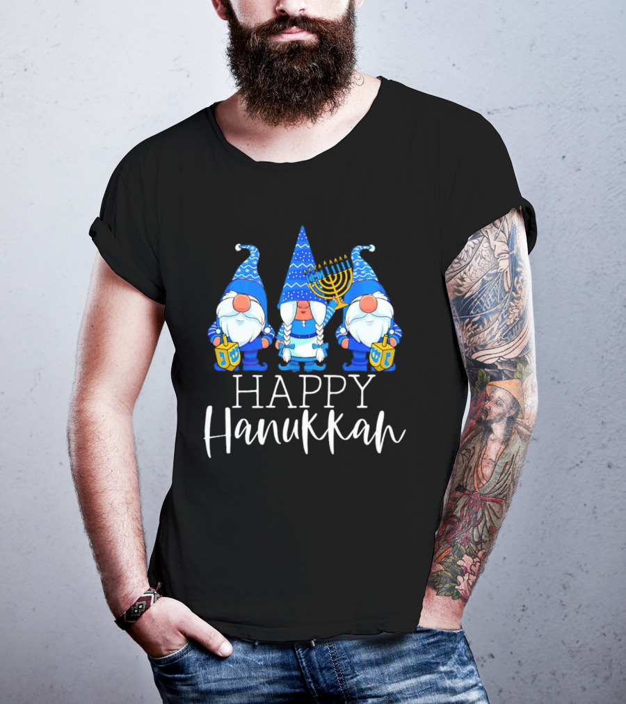 Gnomes Celebrating Hanukkah With Menorah And Dreidel T-Shirt