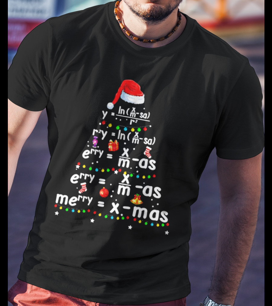 Merry Christmas Tree Math Equations In Santa Hat Form With Holiday Icons T-Shirt