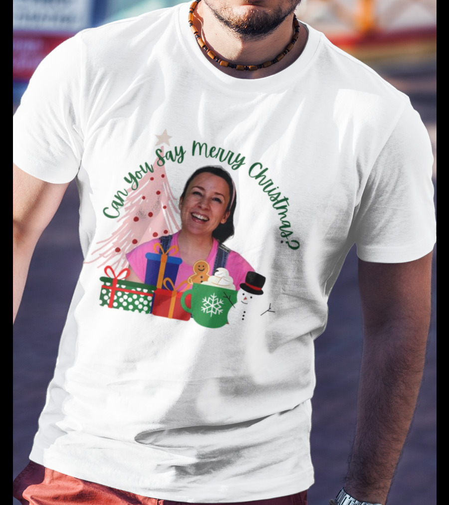 Miss Rachel Can You Say Merry Christmas Joyful Scene With Tree And Gifts T-Shirt
