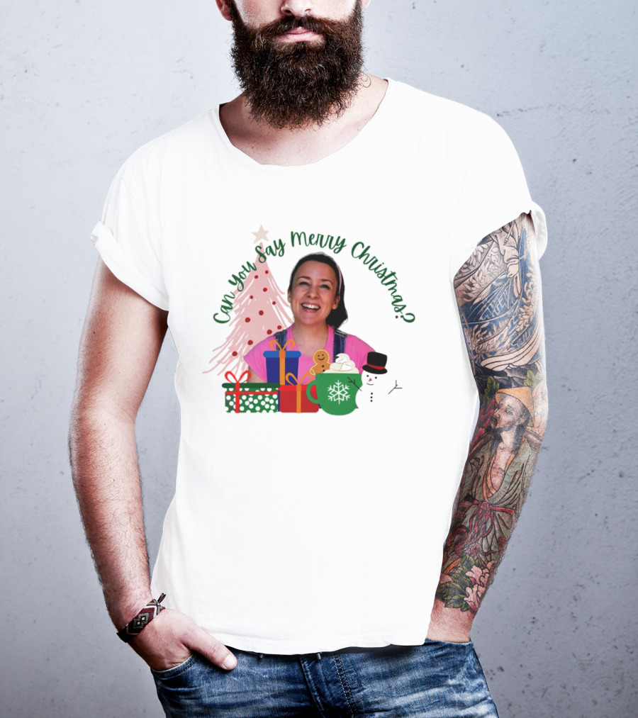 Miss Rachel Can You Say Merry Christmas Joyful Scene With Tree And Gifts T-Shirt
