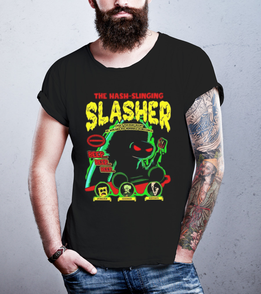 The Hash-Slinging Slasher Every Tuesday Night Beep Beep Featuring Spongebob Squidward Nosferatu T-Shirt