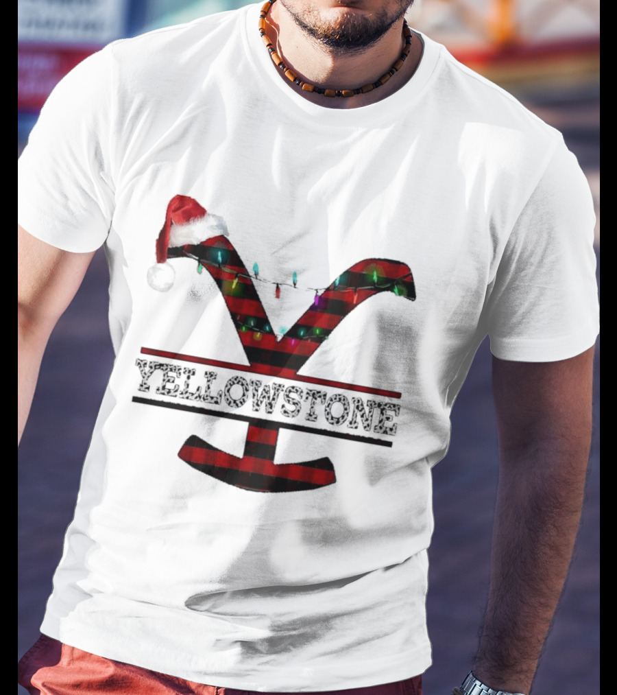Yellowstone Christmas Santa Hat Lights Buffalo Plaid T-Shirt