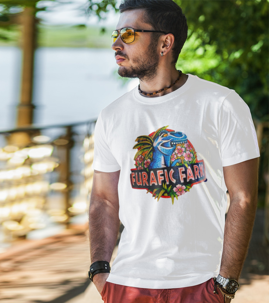 Furafic Fark Dinosaur With Tropical Flowers And Palm Leaves T-Shirt