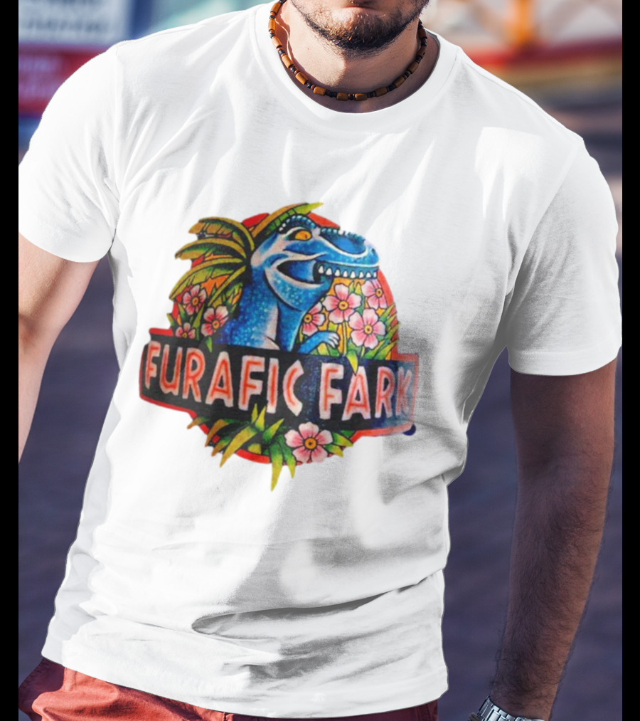 Furafic Fark Dinosaur With Tropical Flowers And Palm Leaves T-Shirt