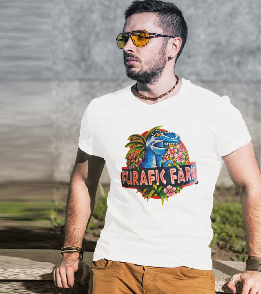 Furafic Fark Dinosaur With Tropical Flowers And Palm Leaves T-Shirt