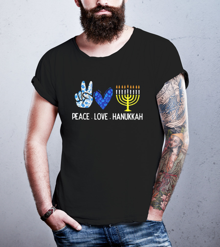 Peace Love Hanukkah Menorah Symbol Blue T-Shirt
