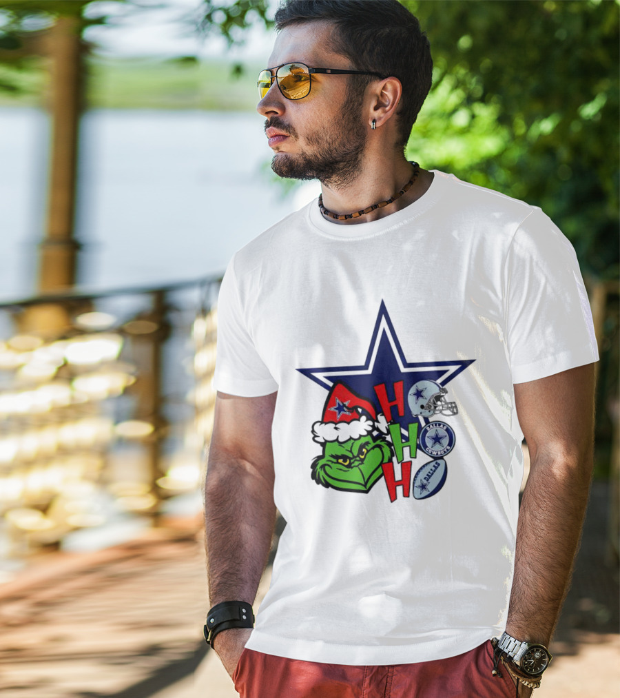 Santa Grinch Ho Ho Ho Dallas Cowboys Christmas Star Helmet T-Shirt