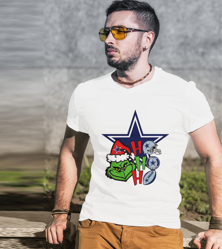 Santa Grinch Ho Ho Ho Dallas Cowboys Christmas Star Helmet T-Shirt