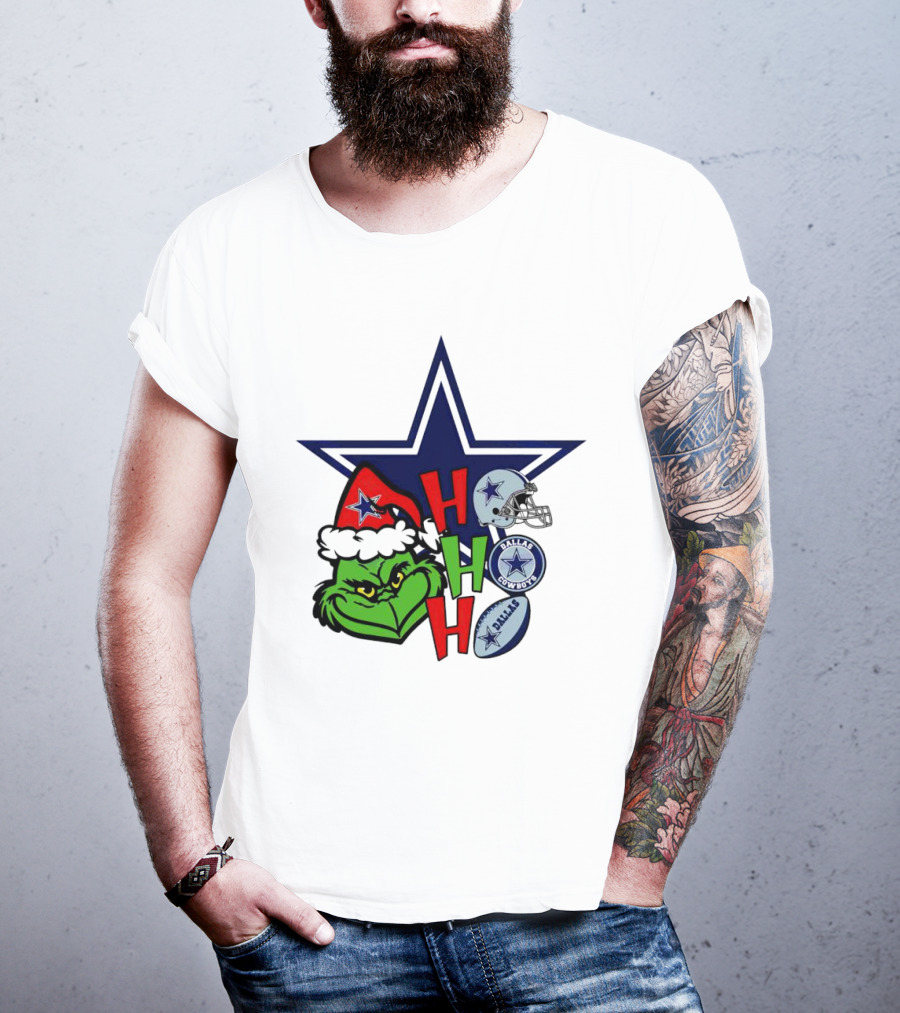Santa Grinch Ho Ho Ho Dallas Cowboys Christmas Star Helmet T-Shirt