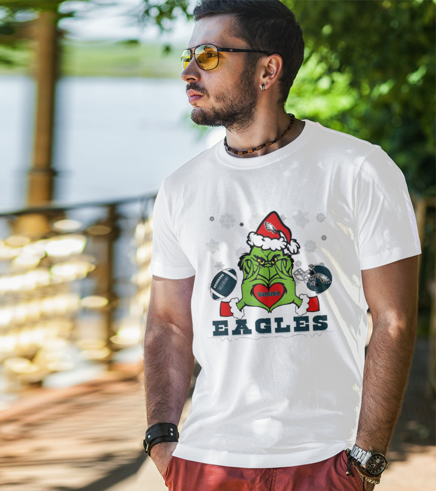 Grinch Santa Heart Philadelphia Eagles Christmas Football Helmet T-Shirt
