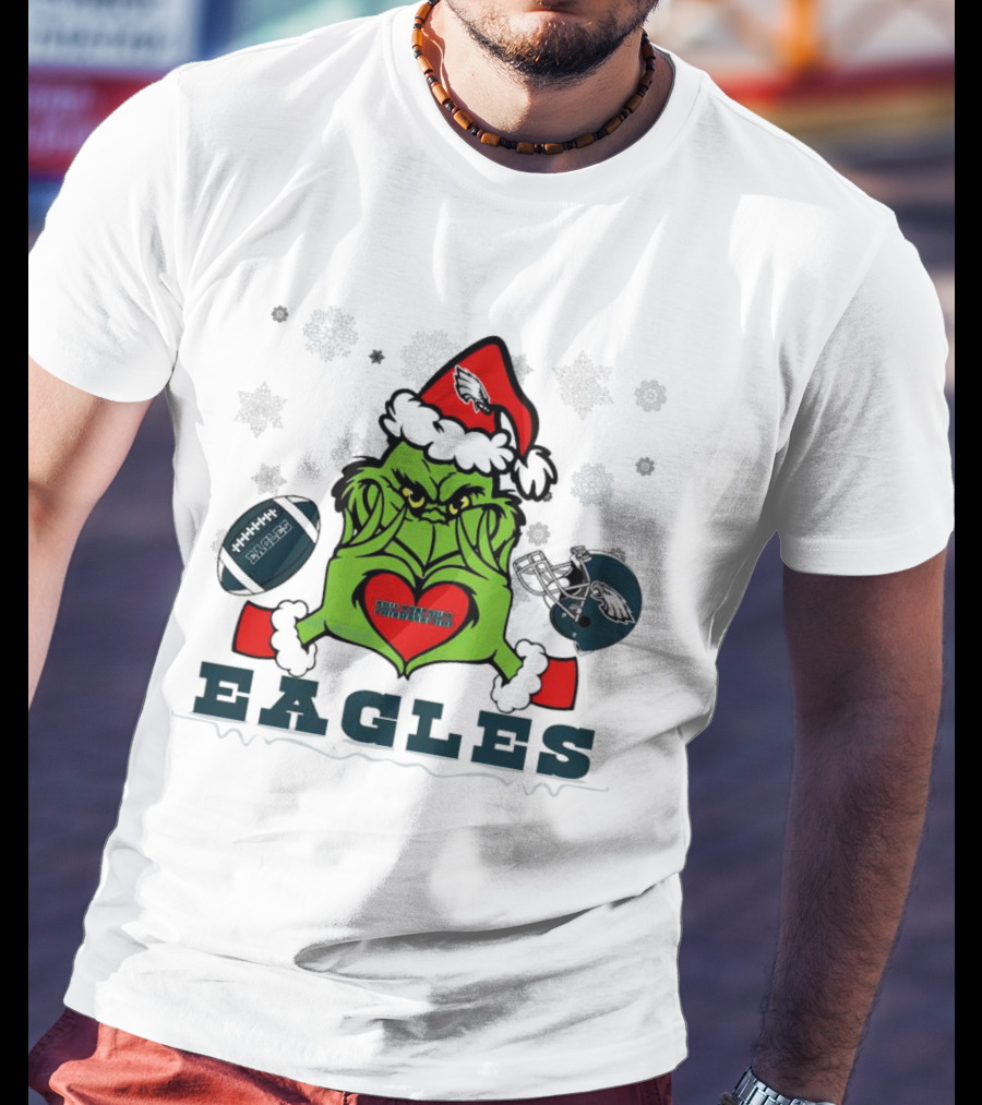 Grinch Santa Heart Philadelphia Eagles Christmas Football Helmet T-Shirt