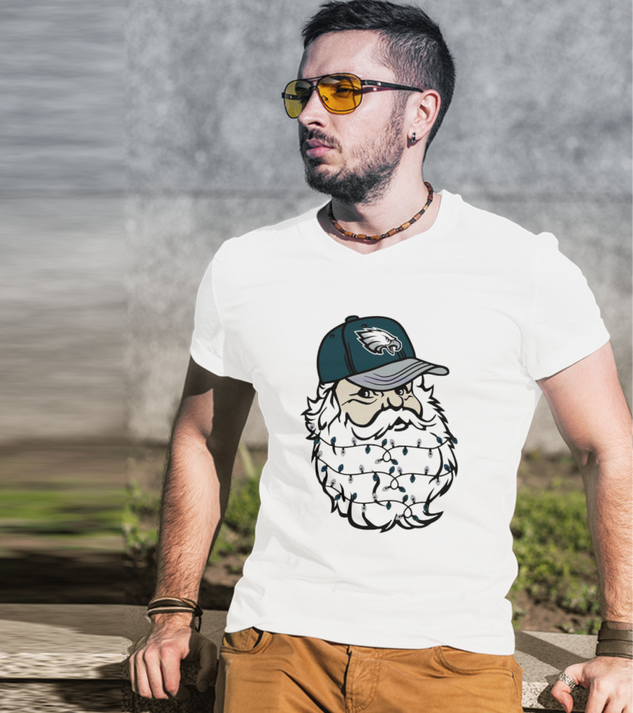 Philadelphia Eagles Santa Hat Christmas Lights Beard T-Shirt