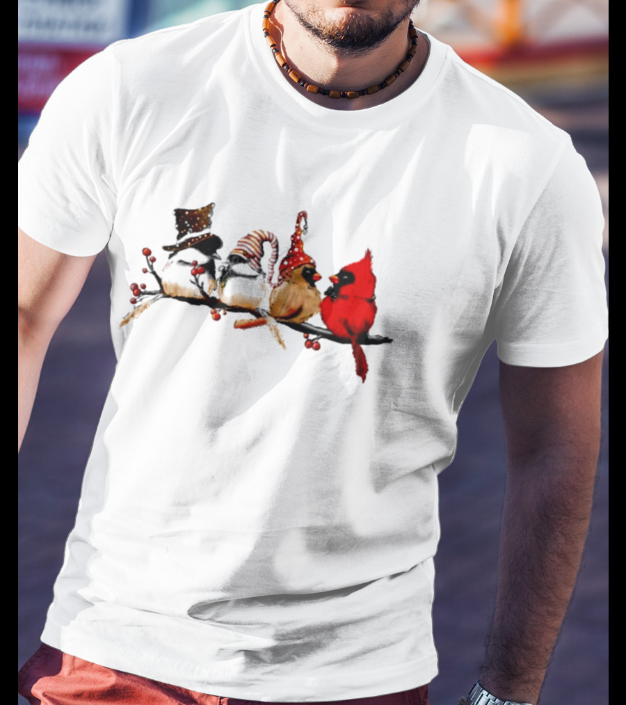 Cardinals And Chickadees On Festive Branch Merry Christmas T-Shirt