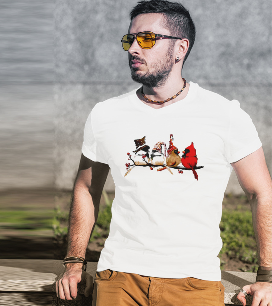 Cardinals And Chickadees On Festive Branch Merry Christmas T-Shirt