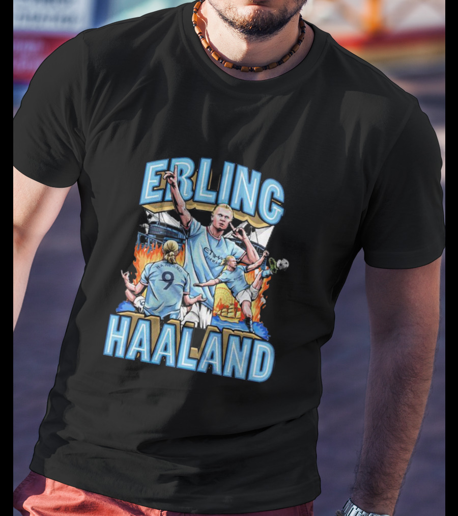 Erling Haaland MCFC Soccer Collage With Fiery Stadium Background T-Shirt