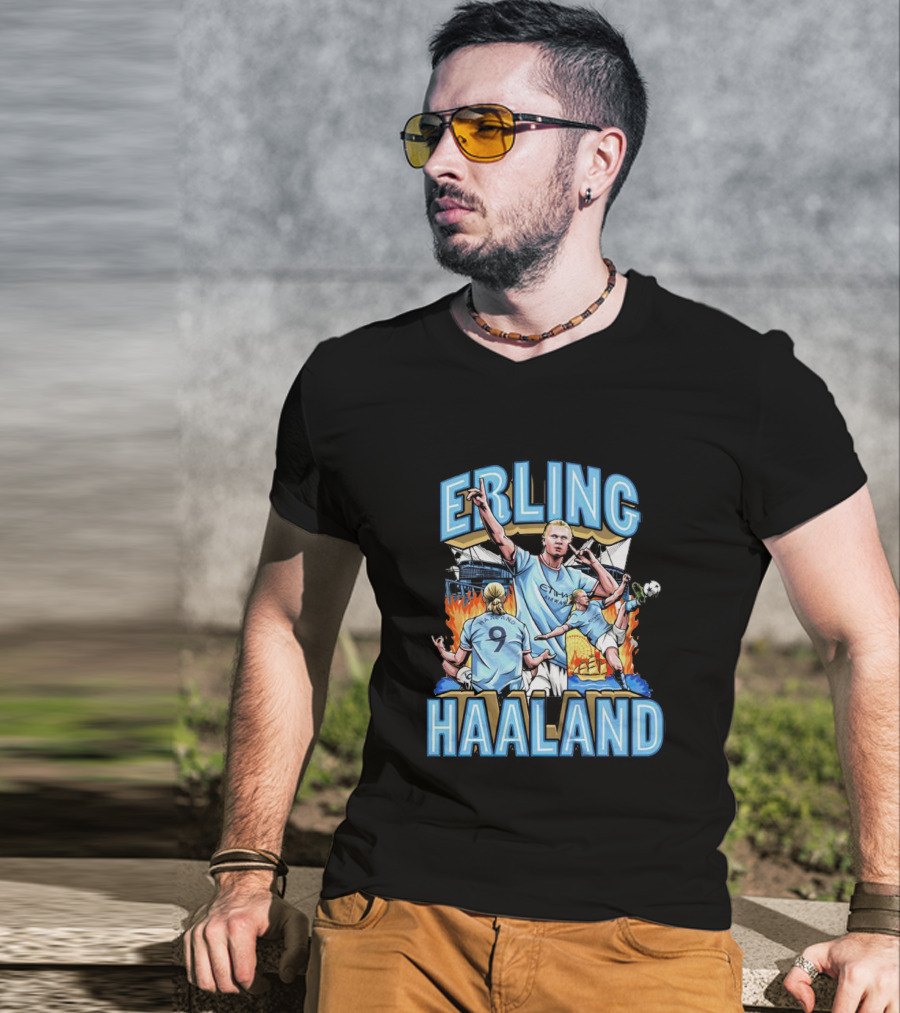 Erling Haaland MCFC Soccer Collage With Fiery Stadium Background T-Shirt