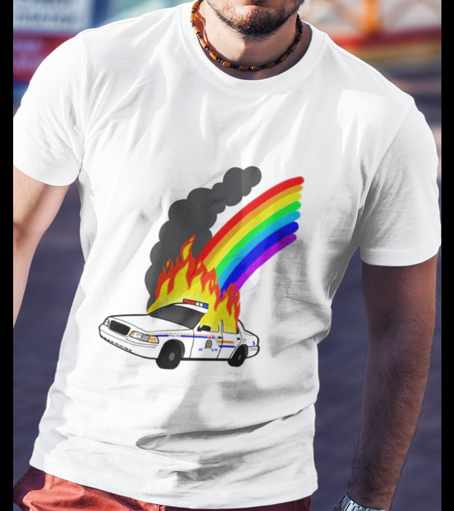 Police Car On Fire With Rainbow Flames T-Shirt