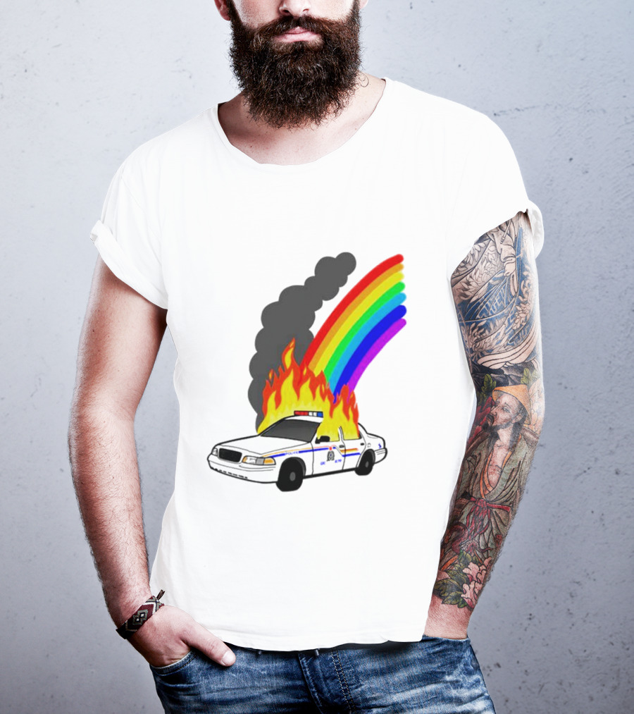 Police Car On Fire With Rainbow Flames T-Shirt