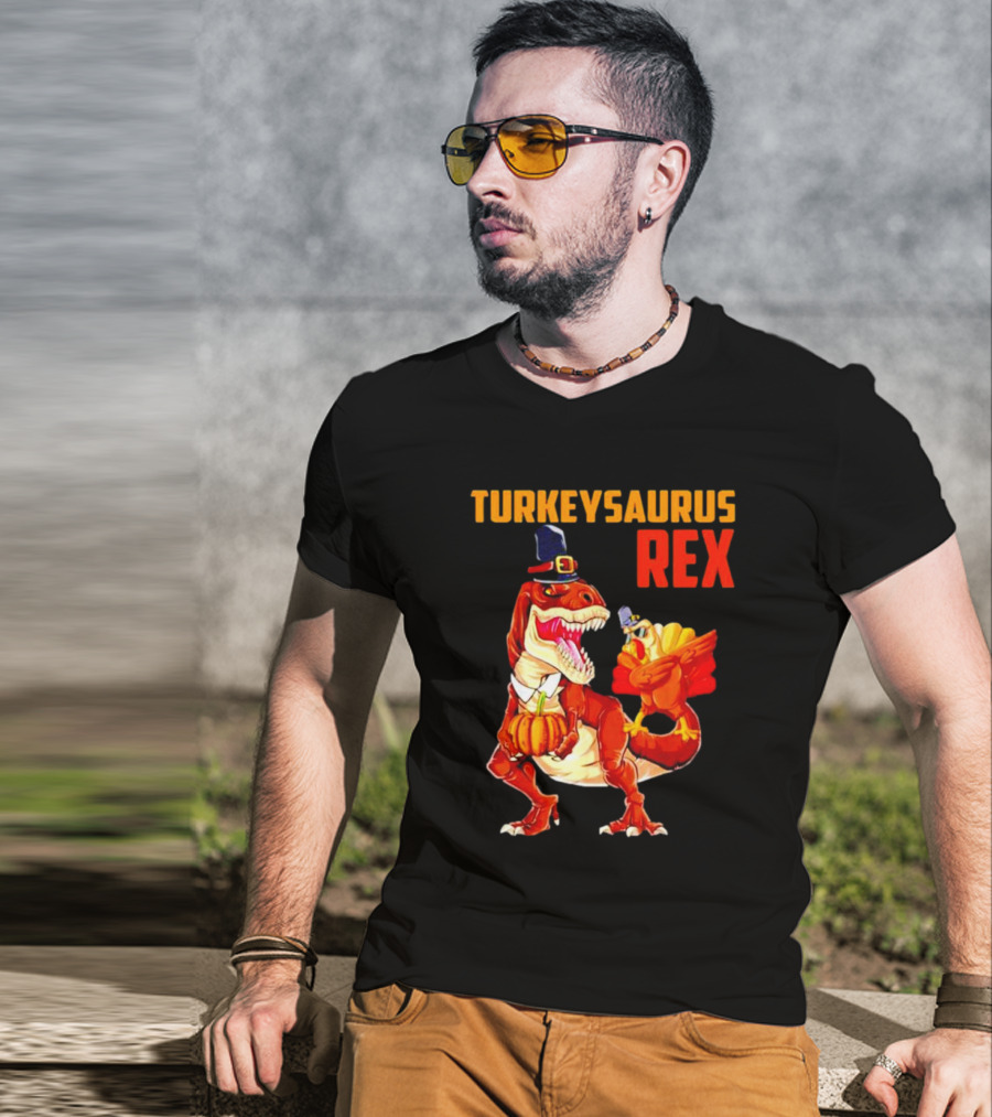 Turkeysaurus Rex Thanksgiving Dinosaur Holding Pumpkin And Turkey With Pilgrim Hat T-Shirt