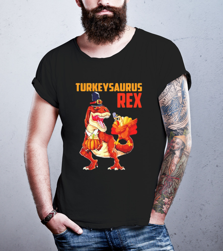 Turkeysaurus Rex Thanksgiving Dinosaur Holding Pumpkin And Turkey With Pilgrim Hat T-Shirt