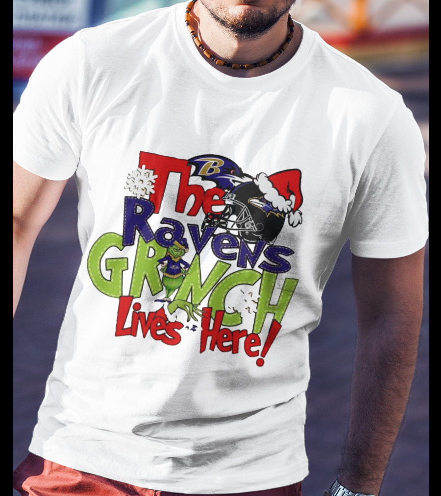 The Ravens Grinch Lives Here Christmas Ravens Logo Santa Hat T-Shirt