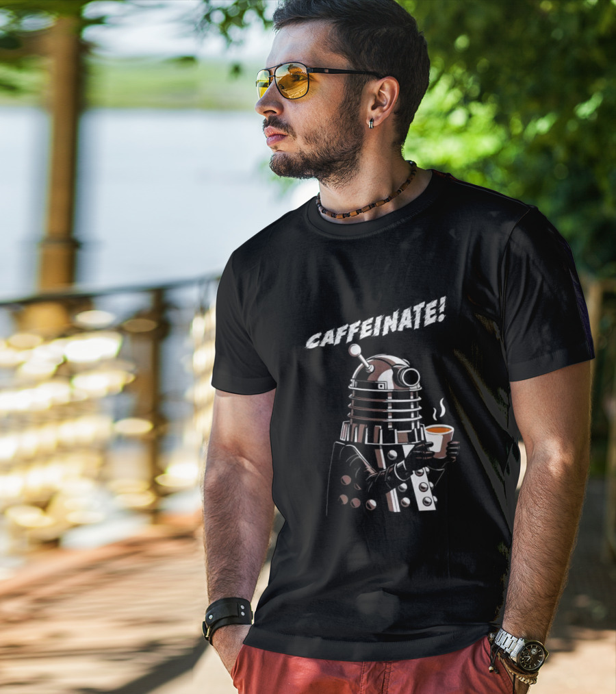 Caffeinate Dalek Holding Steaming Coffee Cup T-Shirt