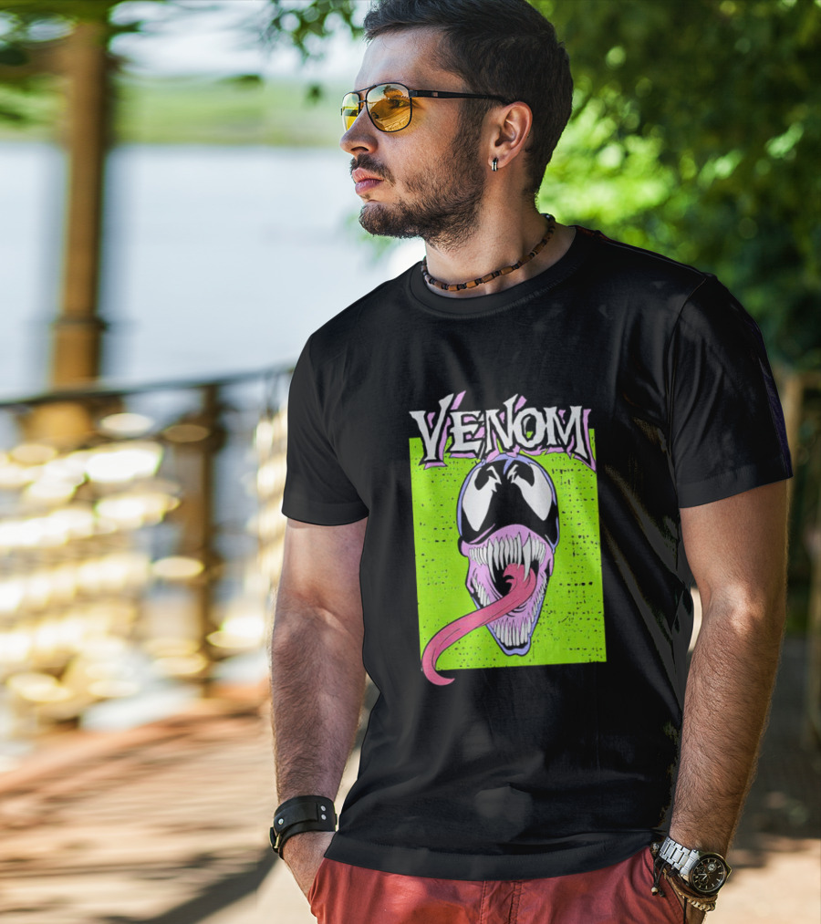 Venom Marvel Neon Pink Tongue Green Background T-Shirt