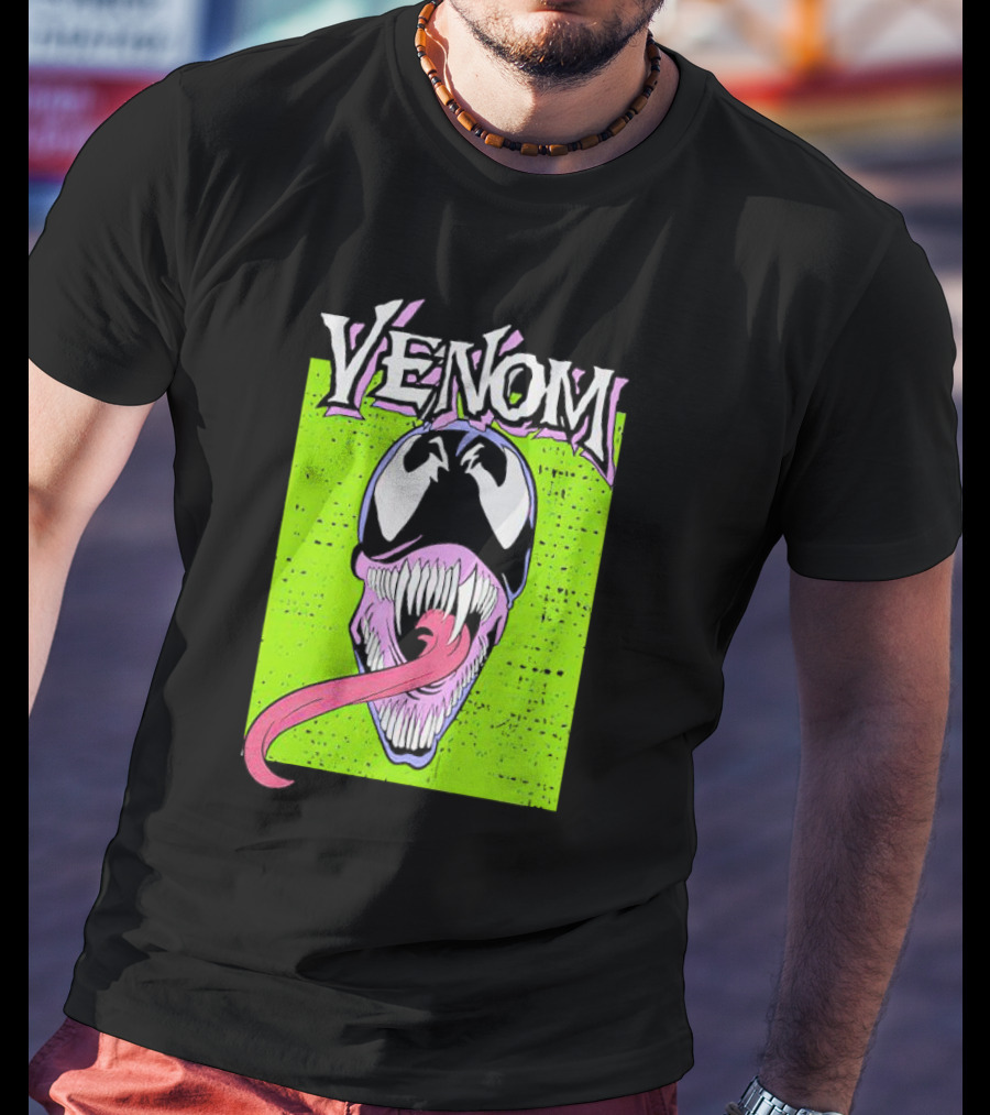 Venom Marvel Neon Pink Tongue Green Background T-Shirt