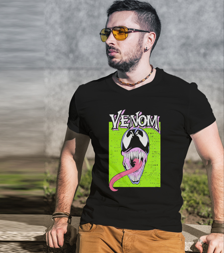 Venom Marvel Neon Pink Tongue Green Background T-Shirt