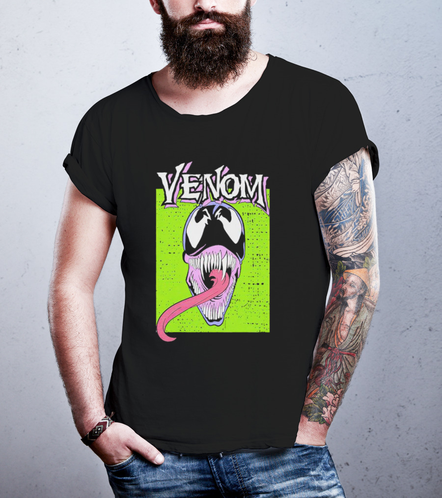 Venom Marvel Neon Pink Tongue Green Background T-Shirt