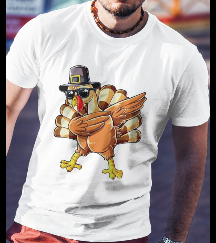 Thanksgiving Turkey Dabbing With Pilgrim Hat And Sunglasses T-Shirt