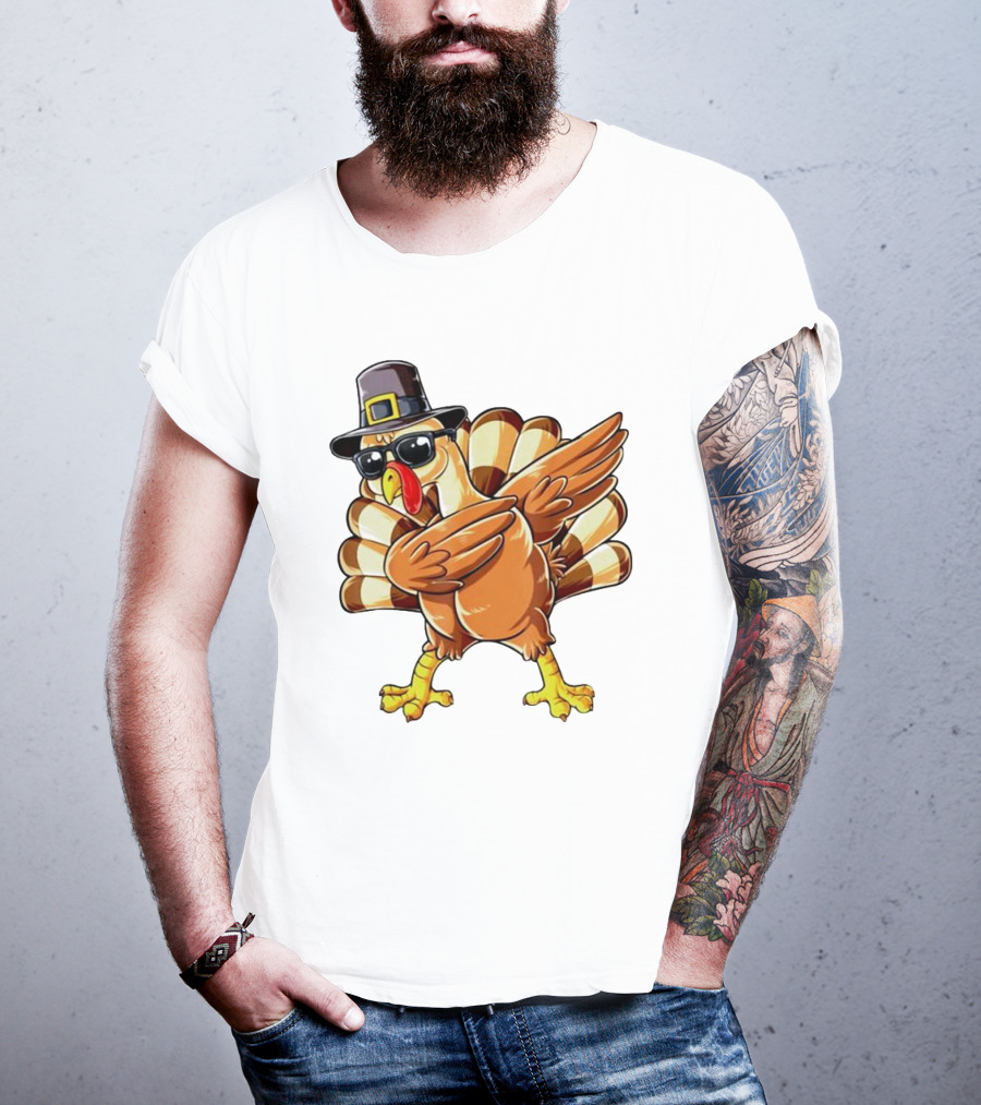 Thanksgiving Turkey Dabbing With Pilgrim Hat And Sunglasses T-Shirt