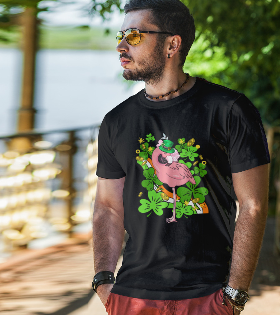 Flamingo St Patricks Day Pink Bird Shamrocks And Leprechaun Hat With Gold Coins T-Shirt