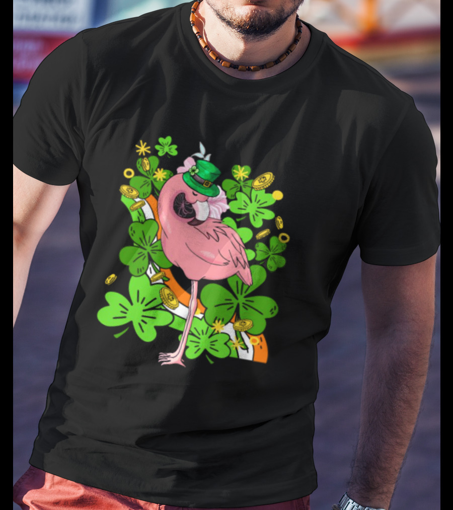 Flamingo St Patricks Day Pink Bird Shamrocks And Leprechaun Hat With Gold Coins T-Shirt