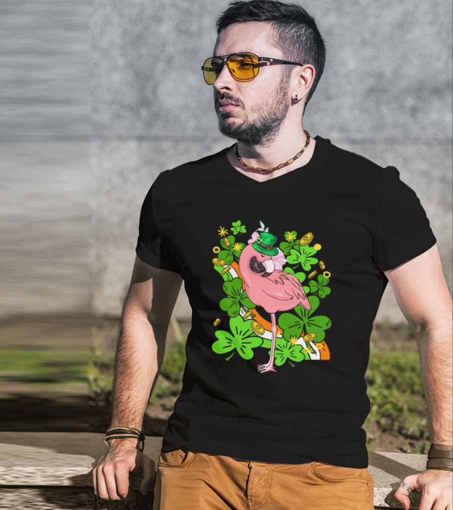 Flamingo St Patricks Day Pink Bird Shamrocks And Leprechaun Hat With Gold Coins T-Shirt