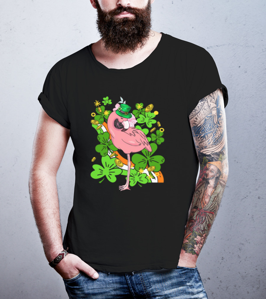 Flamingo St Patricks Day Pink Bird Shamrocks And Leprechaun Hat With Gold Coins T-Shirt