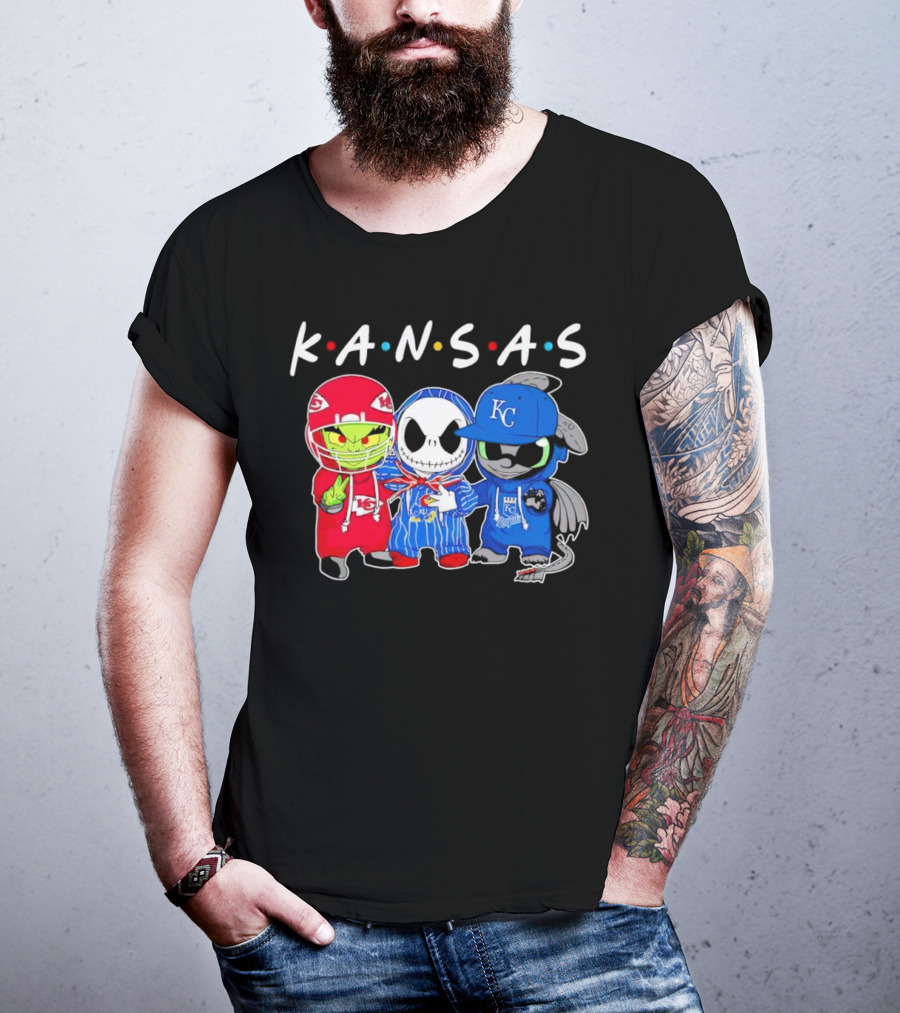 KANSAS Sports Characters Grinch Jack Skellington Toothless Chiefs Royals Jayhawks T-Shirt